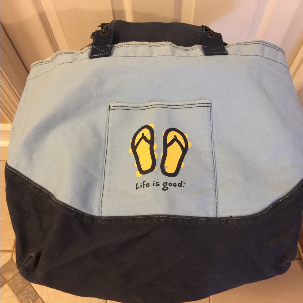 Vintage Life is Good tote bag with flip flops